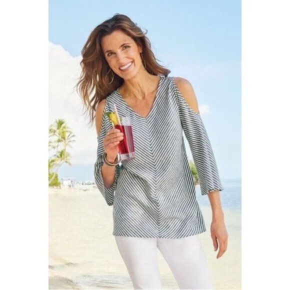 Soft Surroundings Top L Landfall Gray/White Stripe Linen Blend - Picture 1 of 7